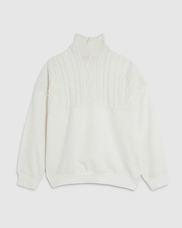 river island Cream Knit Mix Roll Neck Sweatshirt