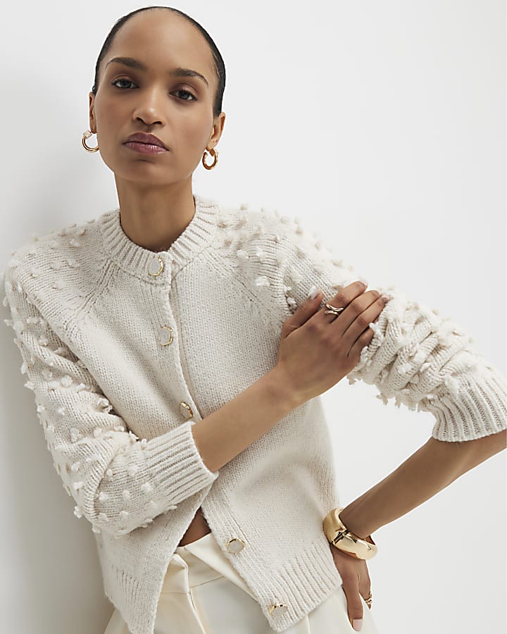 River Island Cream Knitted Bobble Sleeve Cardigan