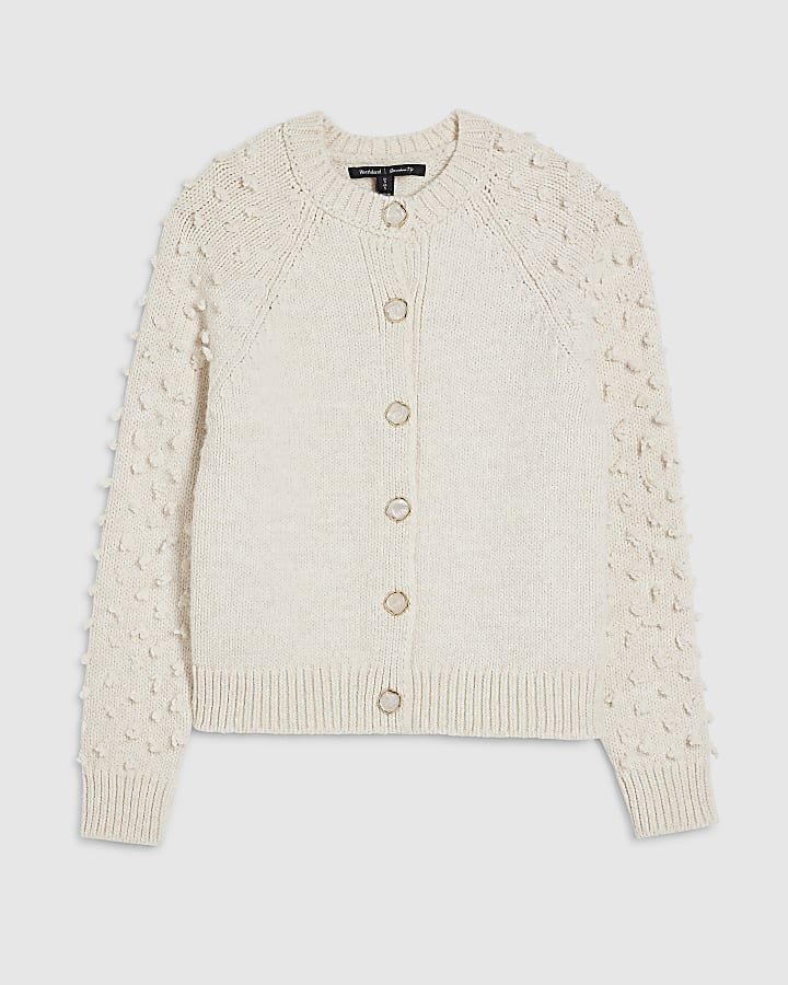 river island Cream Knitted Bobble Sleeve Cardigan