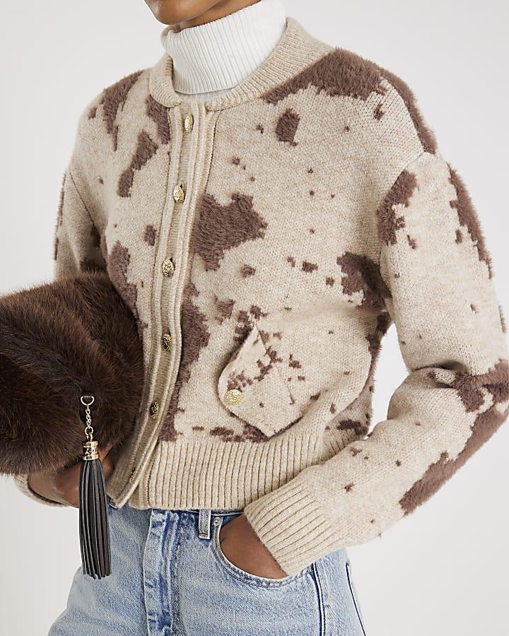 River Island Cream Knitted Cow Print Cardigan