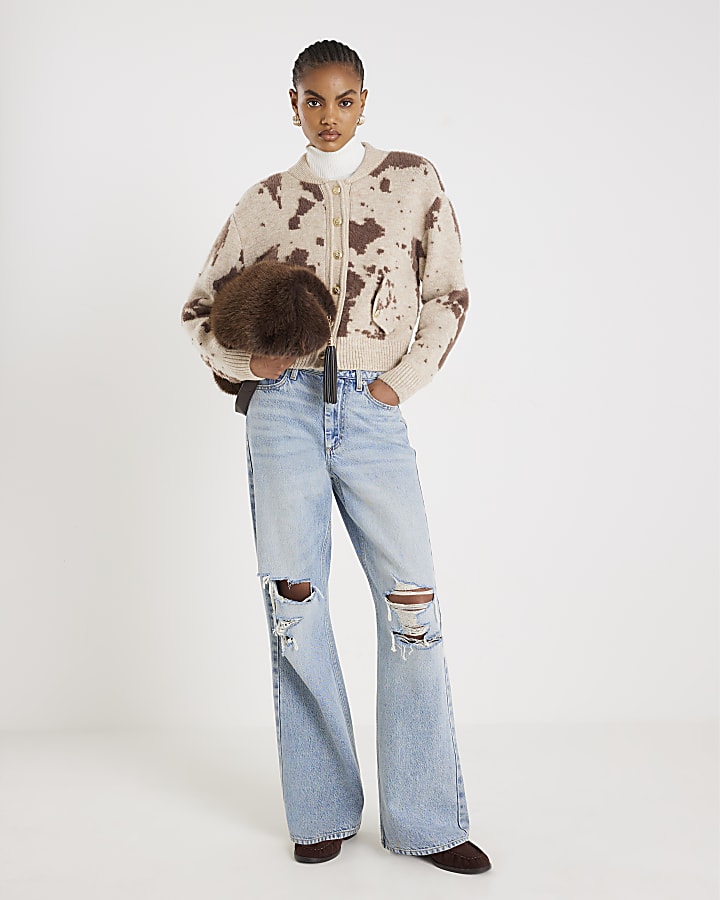 River Island Cream Knitted Cow Print Cardigan