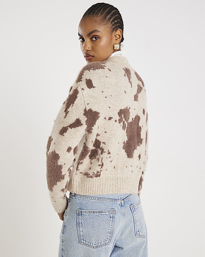 River Island Cream Knitted Cow Print Cardigan