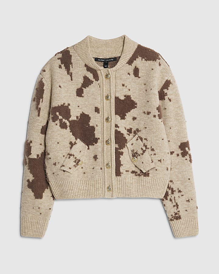 river island Cream Knitted Cow Print Cardigan