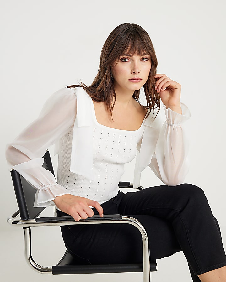 River Island Cream Knitted Hybrid Long Sleeve Top
