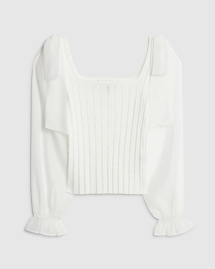 river island Cream Knitted Hybrid Long Sleeve Top
