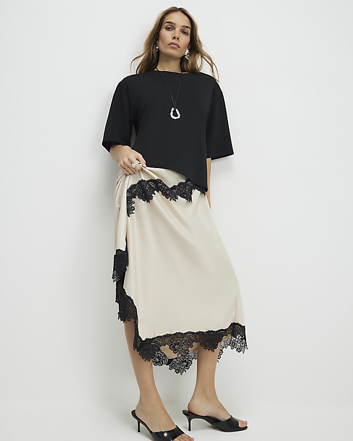 River Island Cream Lace Hybrid T-Shirt Maxi Dress