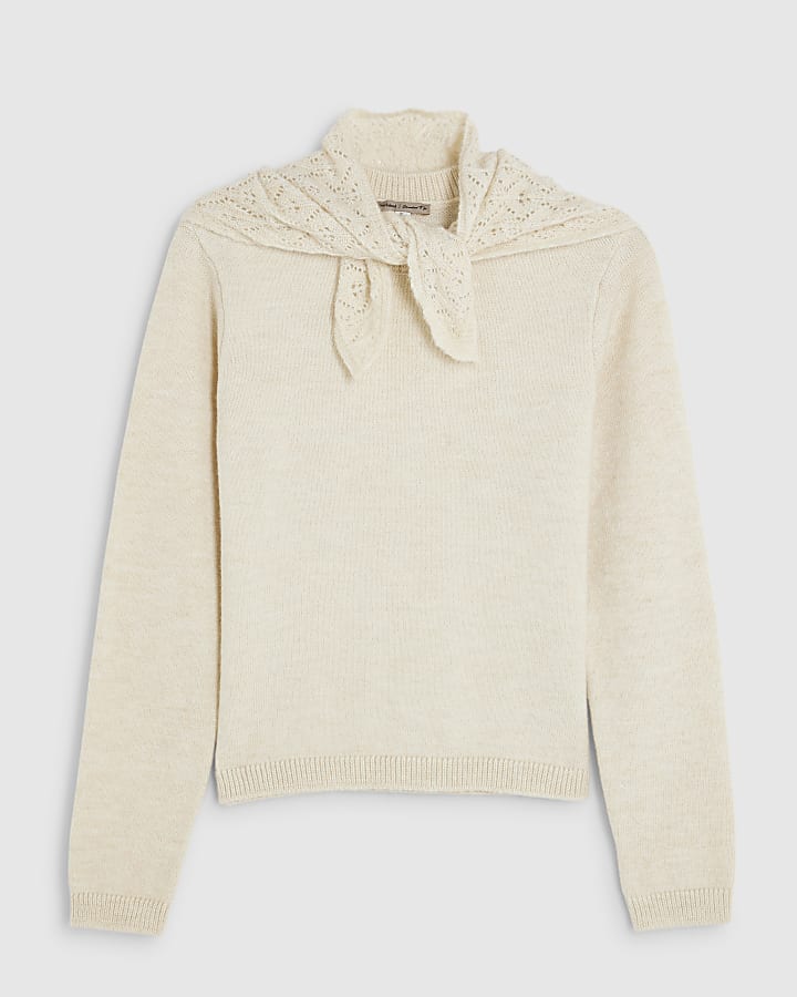 river island Cream Lace Knit Scarf Neck Jumper