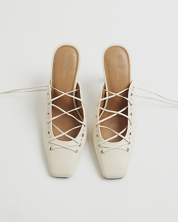 River Island Cream Lace Up Court Heels