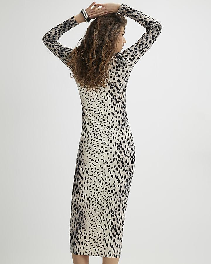 River Island Cream Leopard Print Ribbed Midi Dress