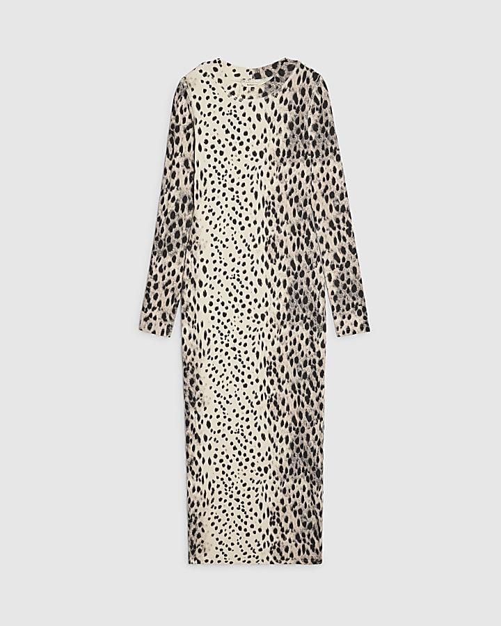 river island Cream Leopard Print Ribbed Midi Dress
