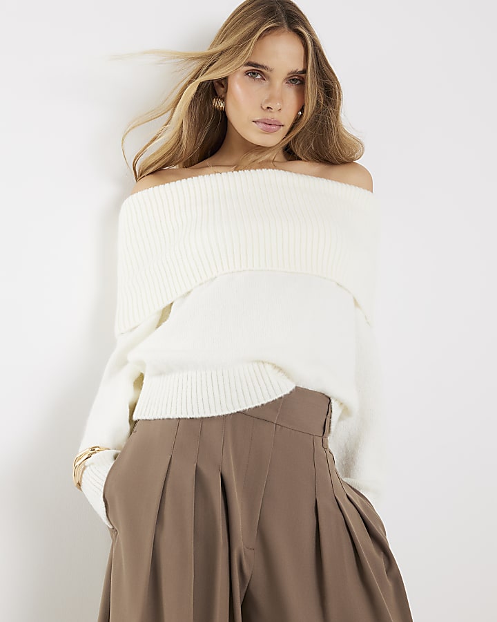 River Island Cream Long Sleeve Bardot Jumper