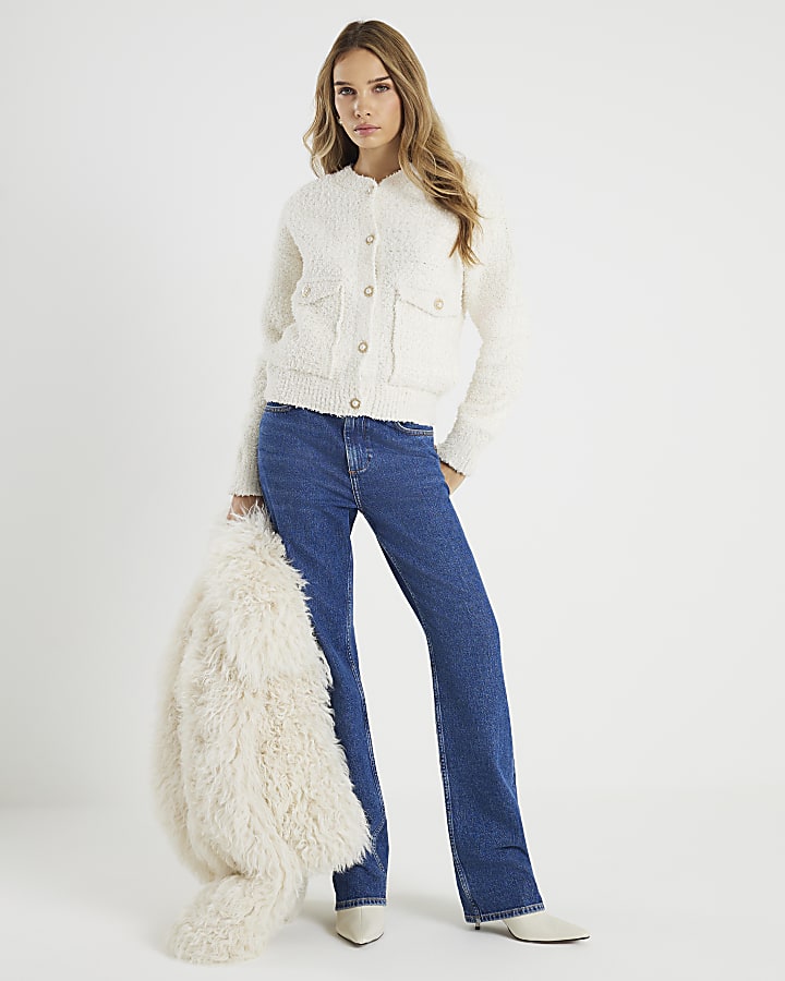 River Island Cream Long Sleeve Boucle Cardigan