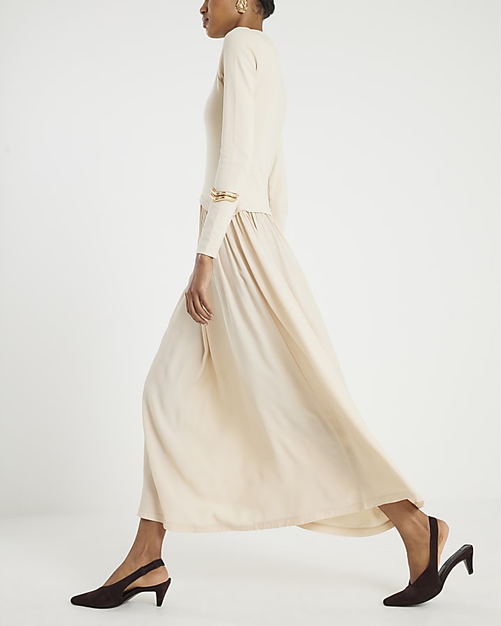 River Island Cream Long Sleeve Hybrid Midi Dress
