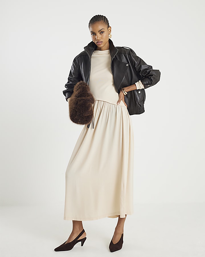 River Island Cream Long Sleeve Hybrid Midi Dress
