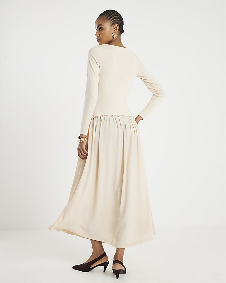 River Island Cream Long Sleeve Hybrid Midi Dress