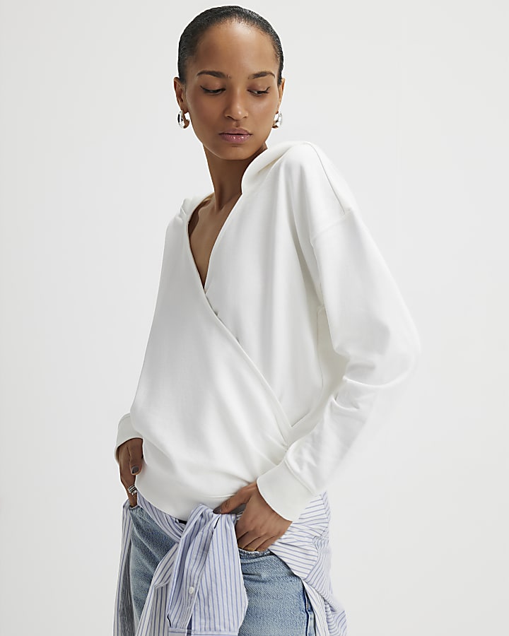 River Island Cream Long Sleeve Wrap Front Hoodie