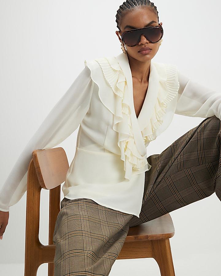 River Island Cream Long Sleeve Wrap Ruffle Blouse