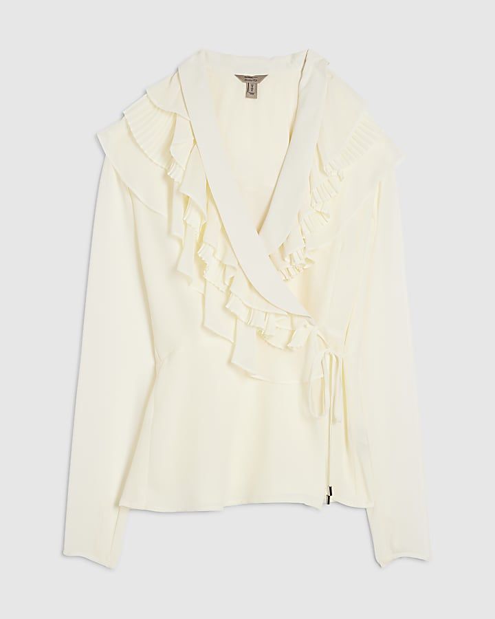 river island Cream Long Sleeve Wrap Ruffle Blouse