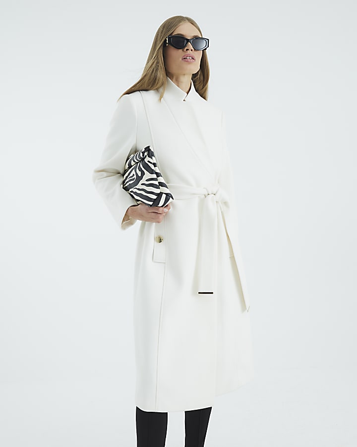 River Island Cream Notch Collar Belted Wrap Coat