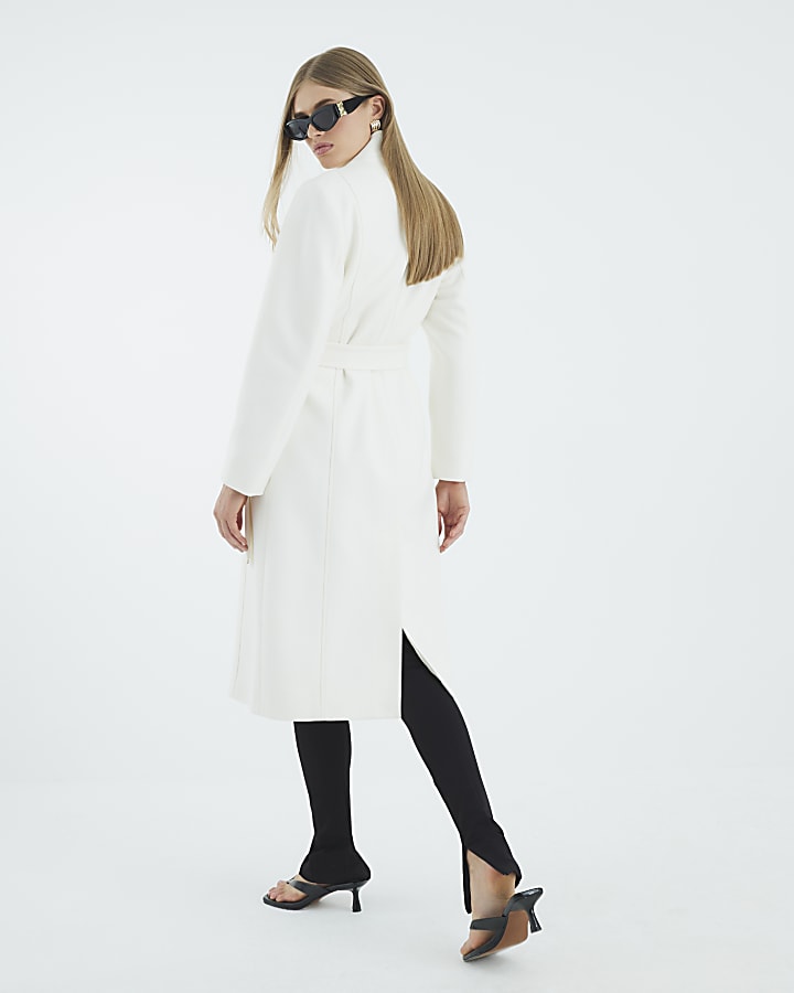 River Island Cream Notch Collar Belted Wrap Coat