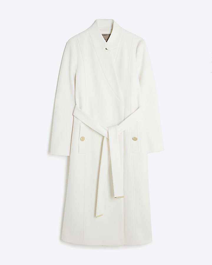 river island Cream Notch Collar Belted Wrap Coat