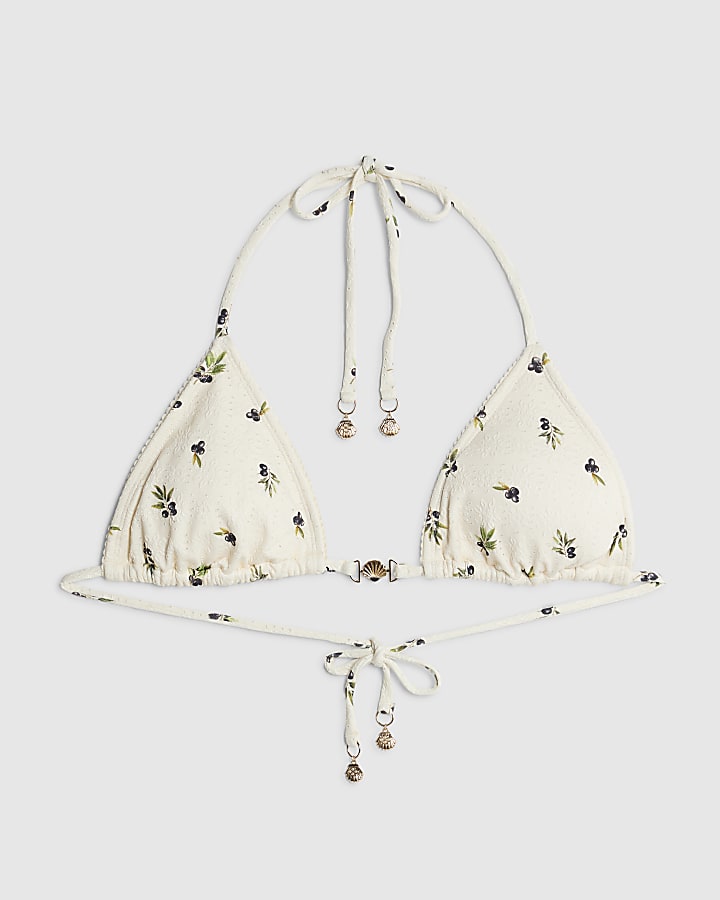 river island Cream Olive Print Bikini Top