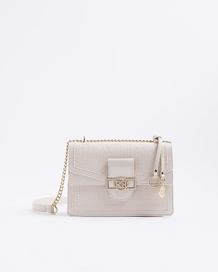 River Island Cream Patent RR Panelled Shoulder Bag