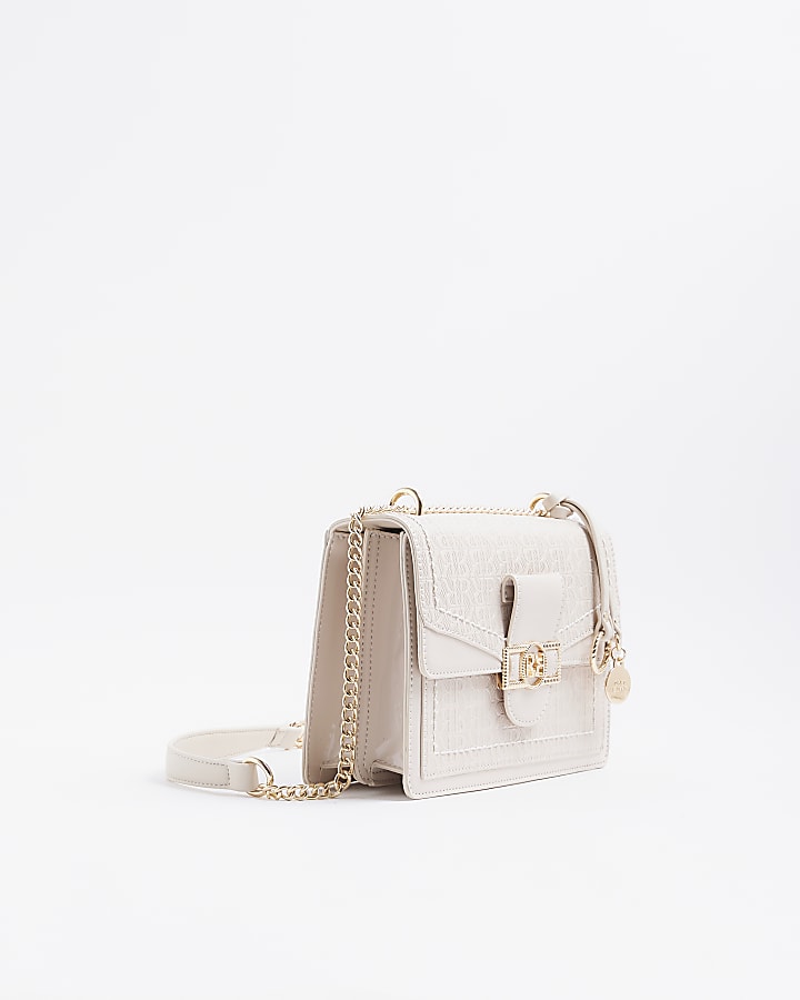 River Island Cream Patent RR Panelled Shoulder Bag