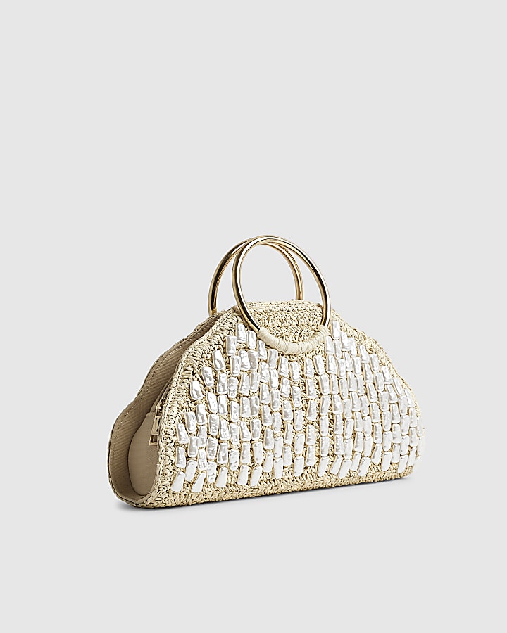 River Island Cream Pearl Raffia Handle Grab Bag