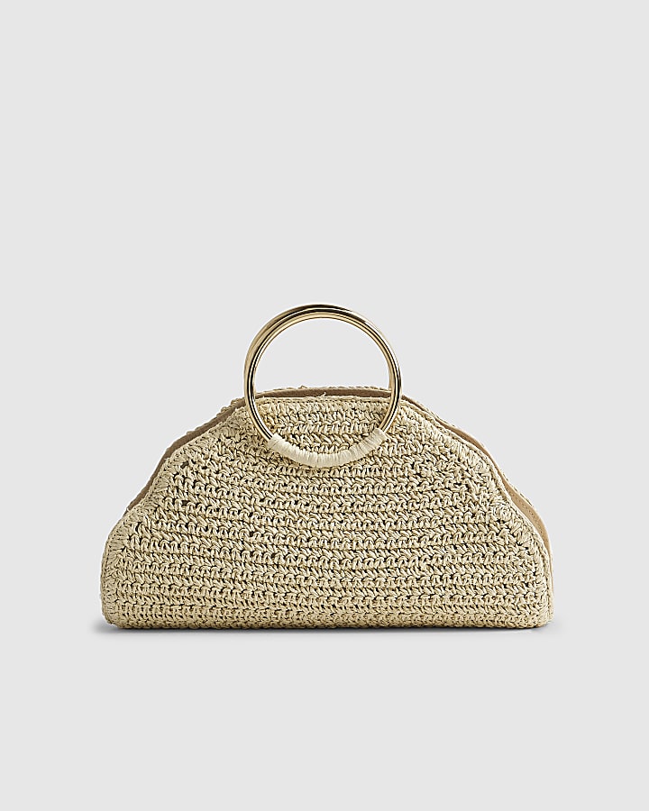 River Island Cream Pearl Raffia Handle Grab Bag