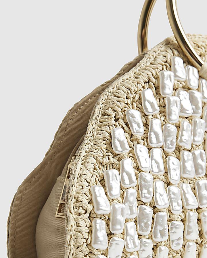 River Island Cream Pearl Raffia Handle Grab Bag