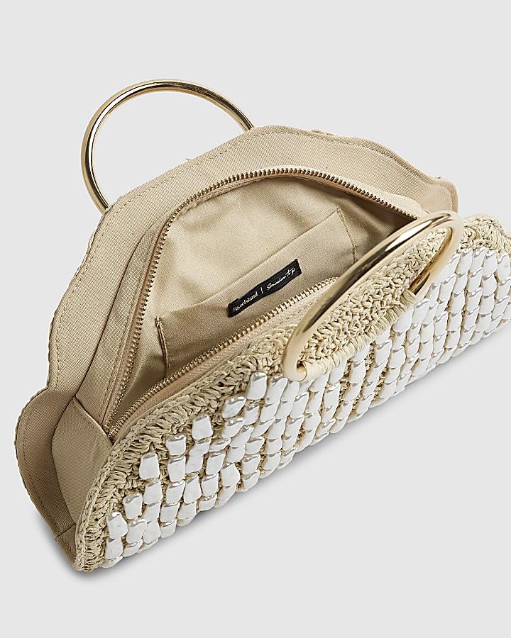 river island Cream Pearl Raffia Handle Grab Bag