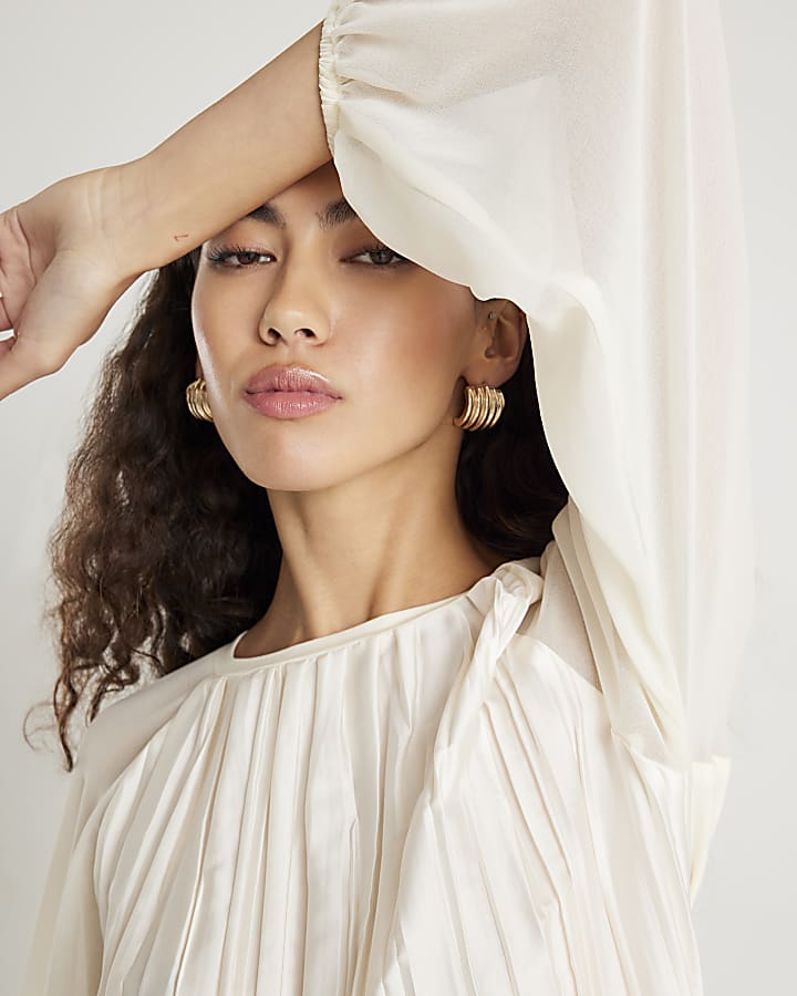 River Island Cream Pleat Front Sheer Sleeve Blouse