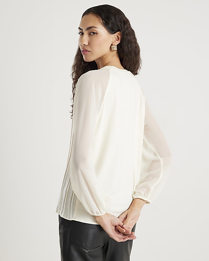 River Island Cream Pleat Front Sheer Sleeve Blouse