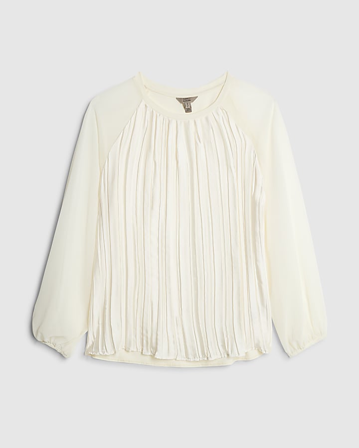 river island Cream Pleat Front Sheer Sleeve Blouse