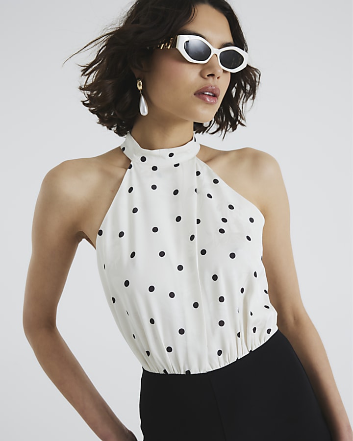 River Island Cream Polka Dot Halter Neck Jumpsuit