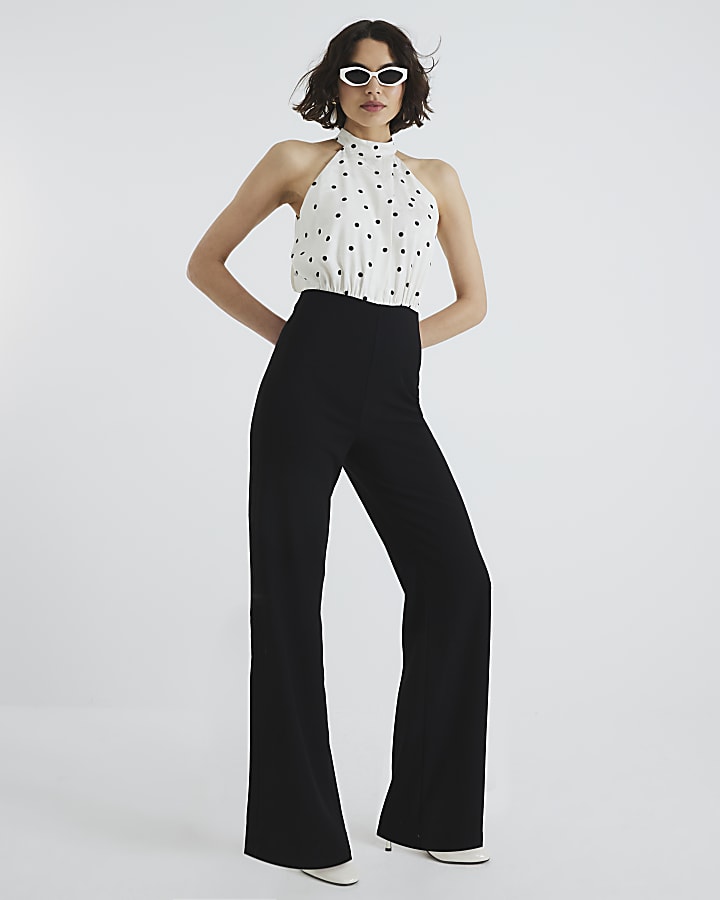 River Island Cream Polka Dot Halter Neck Jumpsuit