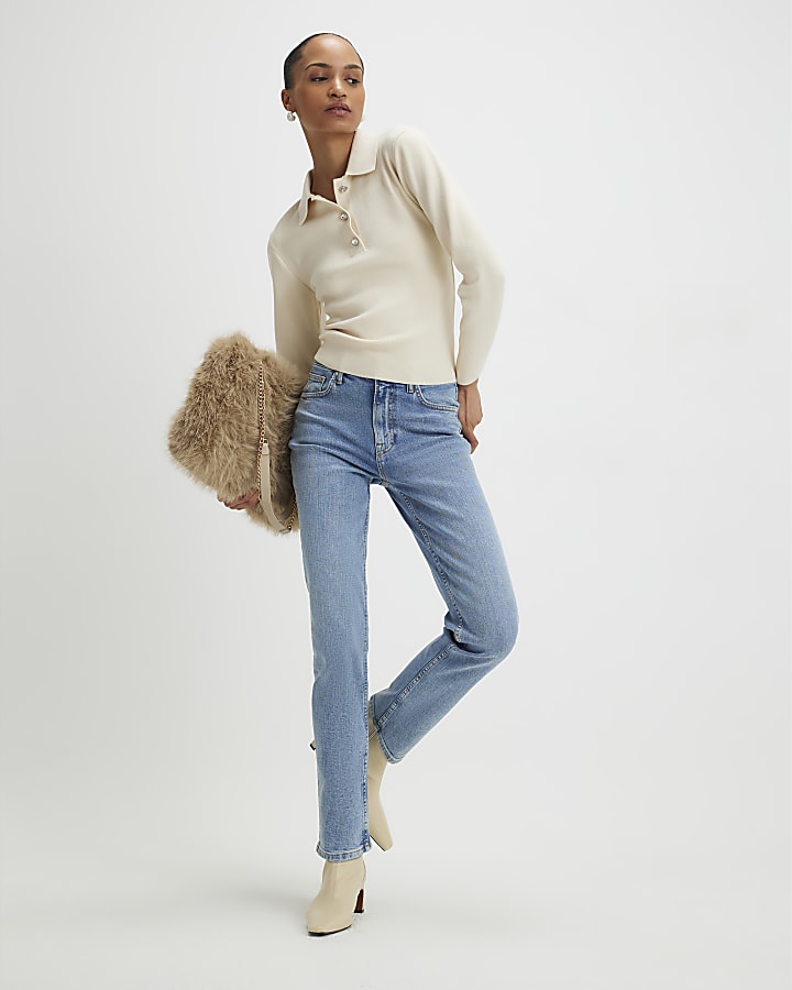 River Island Cream Polo Embellished Button Top