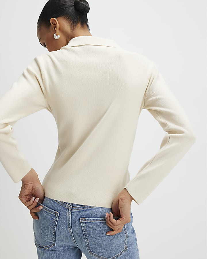 River Island Cream Polo Embellished Button Top