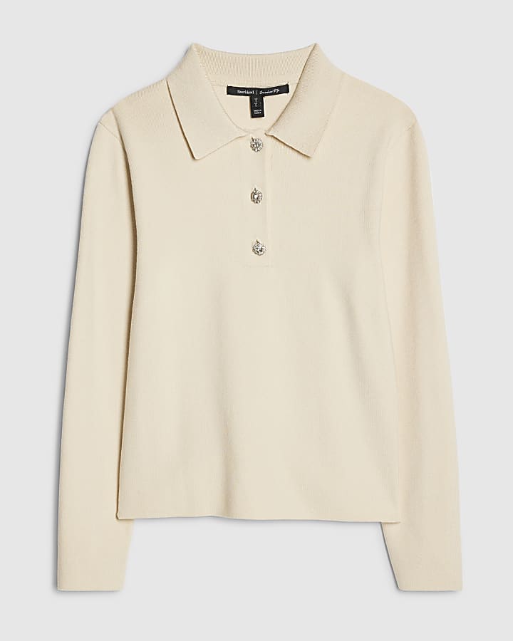 river island Cream Polo Embellished Button Top