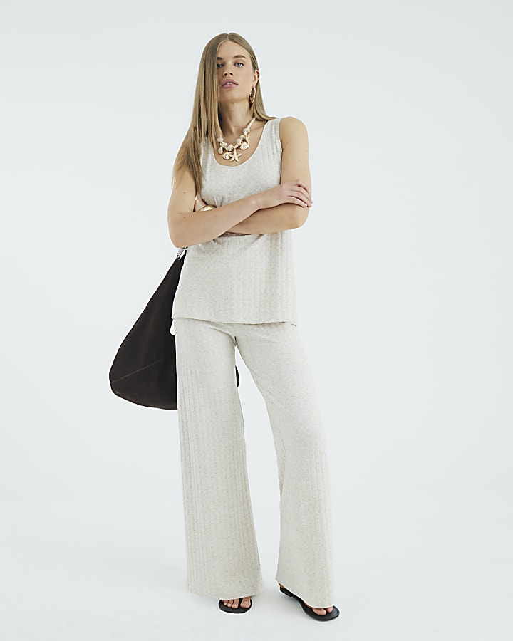 River Island Cream Ribbed Wide Leg Trousers
