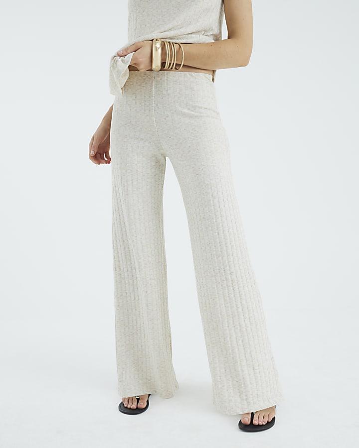 River Island Cream Ribbed Wide Leg Trousers