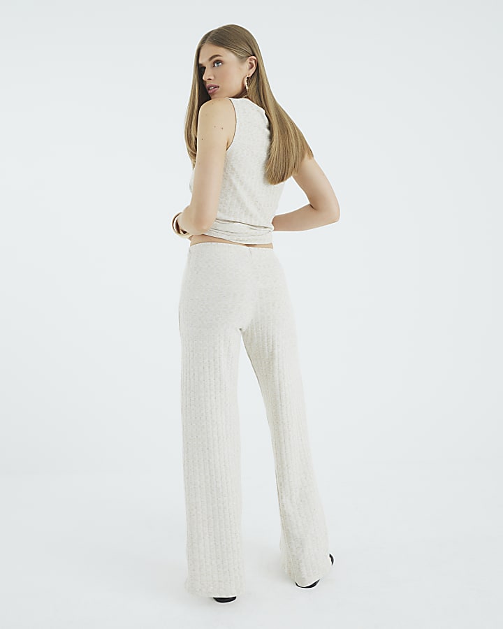 River Island Cream Ribbed Wide Leg Trousers