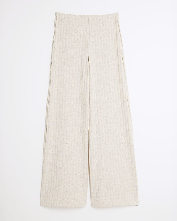 river island Cream Ribbed Wide Leg Trousers