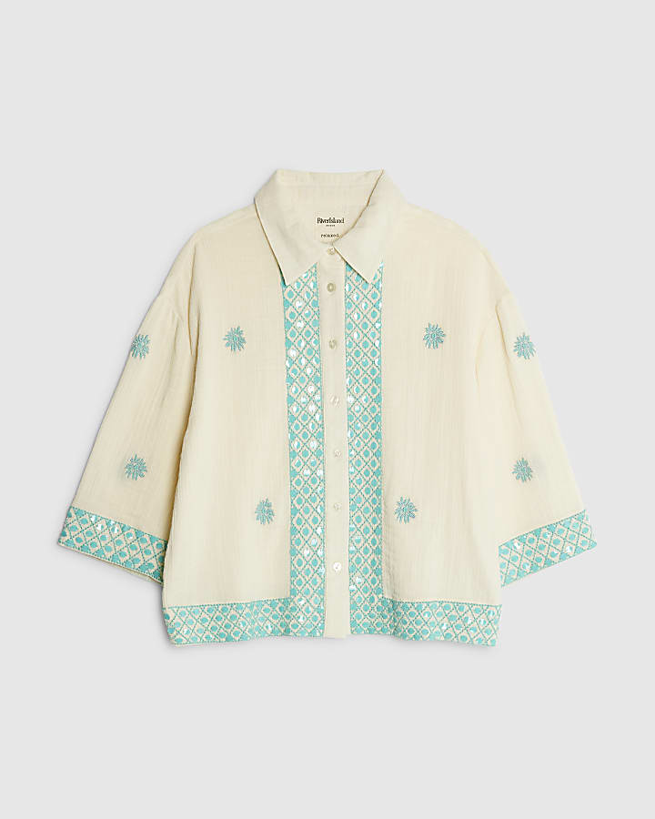 river island Cream Sequin Embellished Shirt