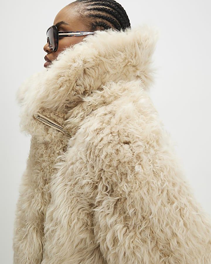 River Island Cream Shearling Aviator Jacket