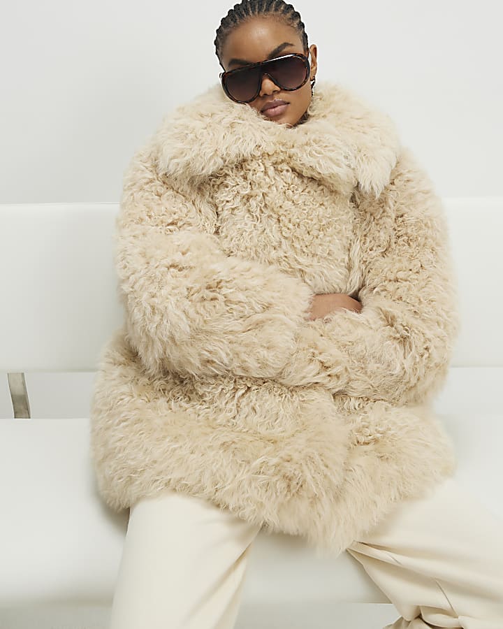 River Island Cream Shearling Aviator Jacket