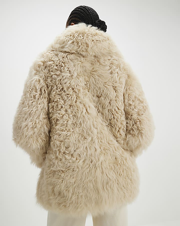 River Island Cream Shearling Aviator Jacket