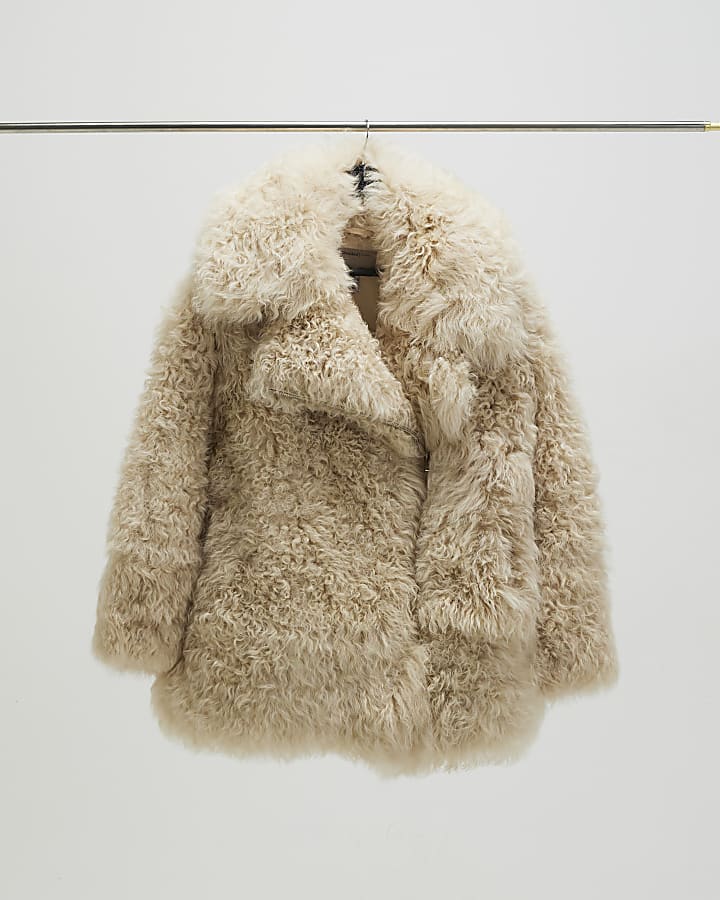 river island Cream Shearling Aviator Jacket
