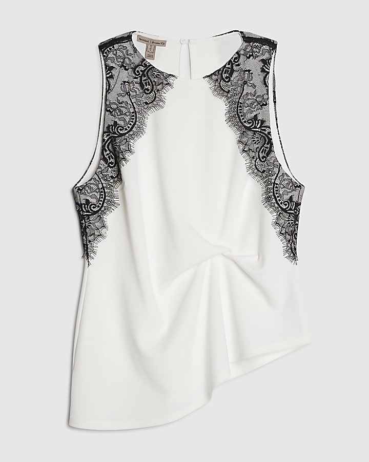 river island Cream Sleeveless Lace Trim Top